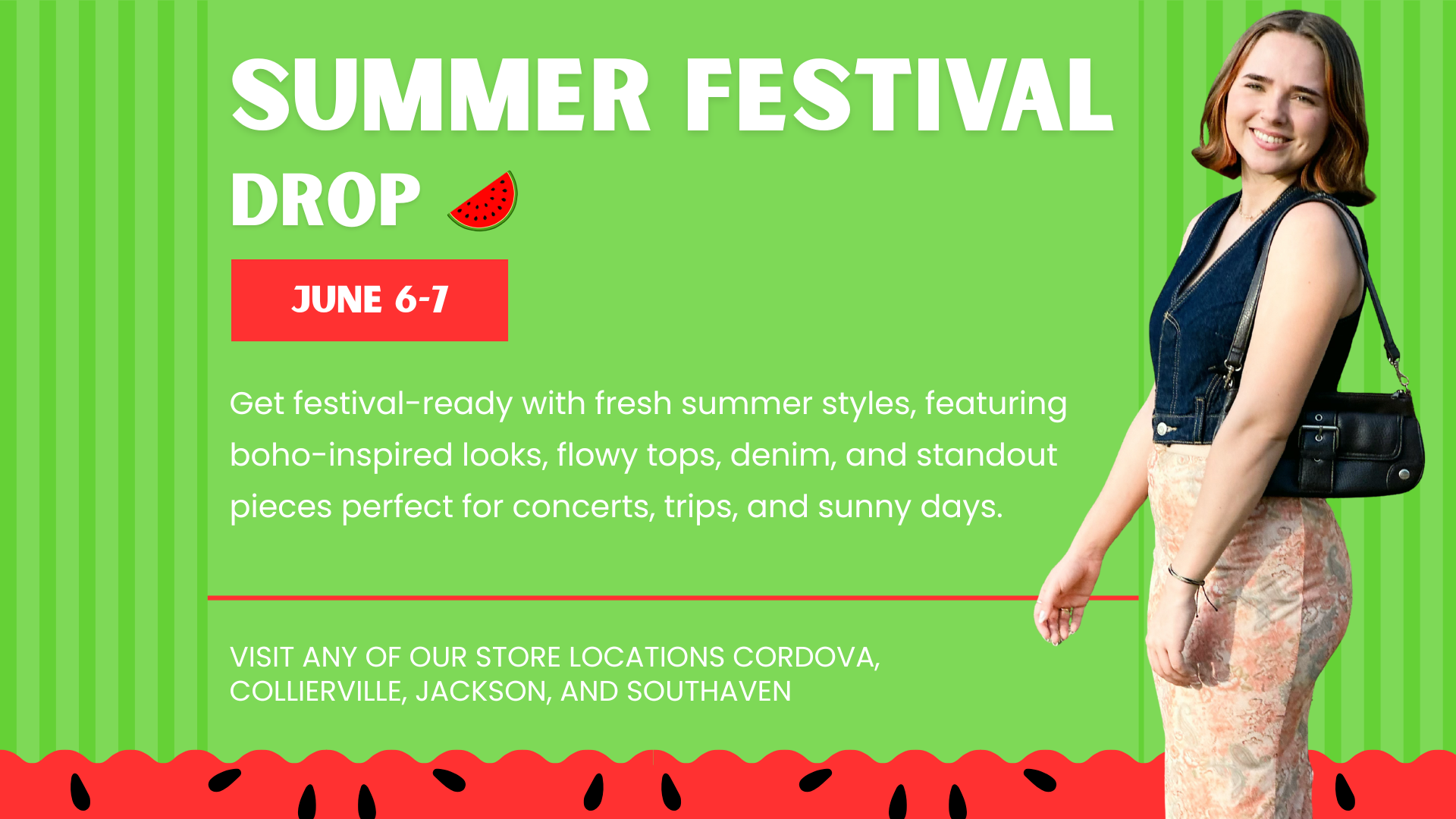 Trendy summer clothing display featuring boho fashion, denim, flowy tops, and statement pieces available during Plato's Closet Summer Festival event.